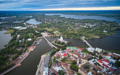 High angle aerial view of old castle on island. Vyborg, Russia