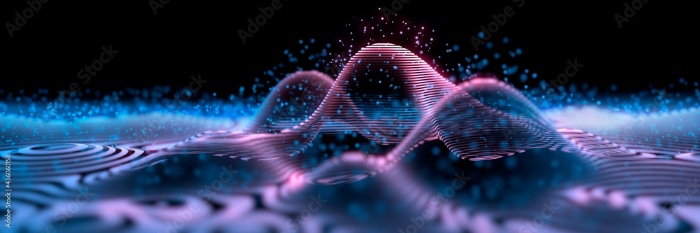 Wall mural waves in a digital grid with particles - atomic model