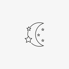 Moon and stars of black color. Line Vector Nighttime icon on white background