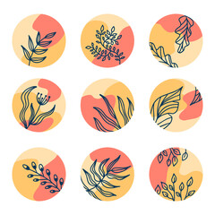 Hand drawn doodle botanical abstract highlight set. Social Media Instagram icons with with shapes, herbs, plants and flowers in trendy style. Vector illustration isolated on white. 