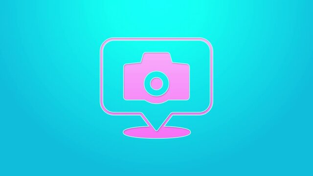Pink line Photo camera icon isolated on blue background. Foto camera. Digital photography. 4K Video motion graphic animation