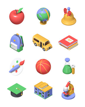 Back to school - colorful 3d icons set