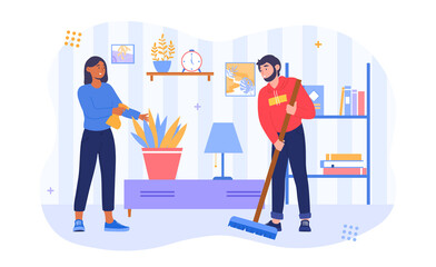 Everyday activity of cute funny romantic couple