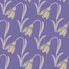 Fototapeta na wymiar Decor nature seamless pattern with contoured doodle bluebell print. Purple pastel background. Simple style.