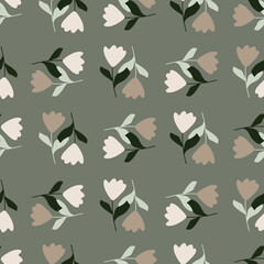 Decorative nature seamless pattern with geometric style simple tulip flowers elements. Grey background.