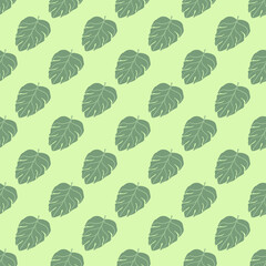 Jungle seamless foliage pattern with doodle green monstera leaf silhouettes print. Light background.