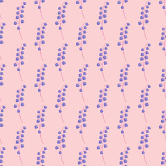Purple little lily of the valley ornament seamless pattern. Spring flowers artwork with pink background.