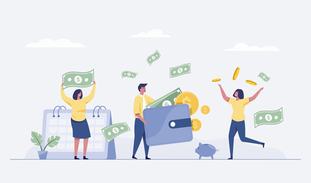 Illustration of happy business team celebrates success standing hold money. Vector illustration