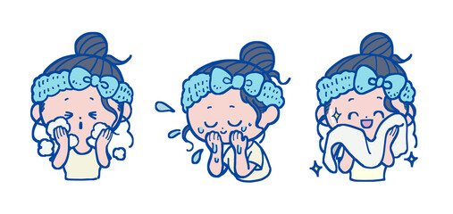 顔を洗う女性 黒髪