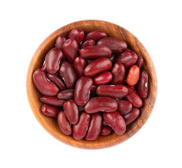 Red kidney beans in wooden bowl, isolated on white background. Rajma or Mexican Bean. Beans close up. Top view.