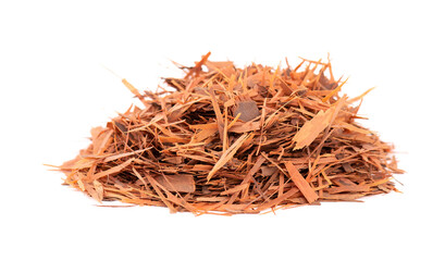 Lapacho herbal tea, isolated on white background. Natural Taheeboo dry tea. Pau d'arco herb. Tabebuia heptophylla.