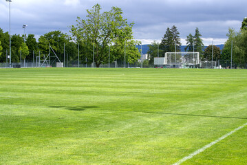 Fresh mowed football field at springtime. Photo taken May 27th, 2021, Zurich, Switzerland.