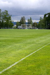 Fresh mowed football field at springtime. Photo taken May 27th, 2021, Zurich, Switzerland.