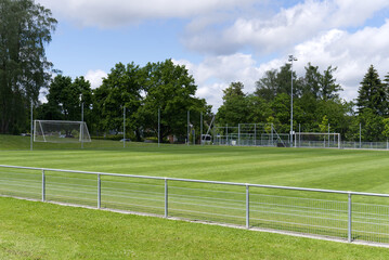 Fresh mowed football field at springtime. Photo taken May 27th, 2021, Zurich, Switzerland.