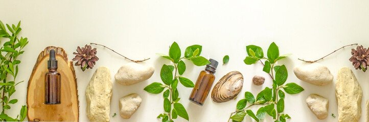 Organic bio herbal cosmetics for skin care. Wellness skin care. Natural cosmetic oil, stones, branches with herbs, cosmetic bottle, moss, seashells, acorn top view, flat lay banner