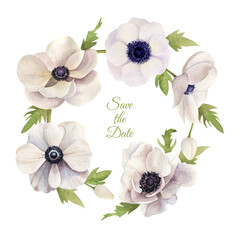 Wreath with watercolor hand drawn anemones - 436065150