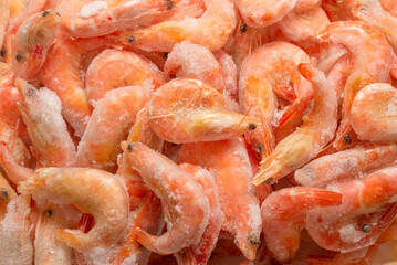 Fresh shrimps in ice. Top view.