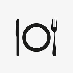 fork knife and plate of black color. Food service icon on white background
