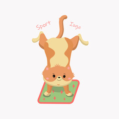 Red cartoon cat on green mat in yoga position. Vector illustration isolated on white background. T-shirt print design.