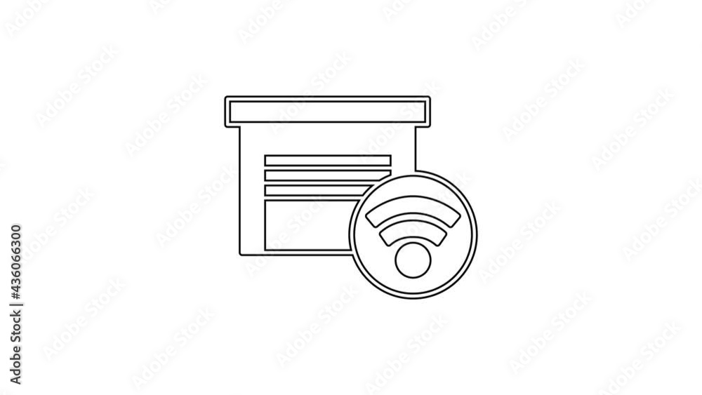 Sticker Black line Smart garage icon isolated on white background. 4K Video motion graphic animation