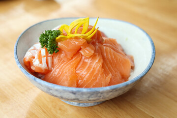Japanese rice with fresh salmon slice sashimi