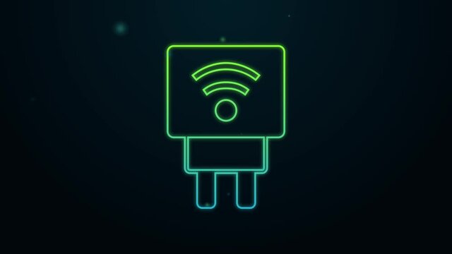 Glowing neon line Smart electric plug system icon isolated on black background. Internet of things concept with wireless connection. 4K Video motion graphic animation