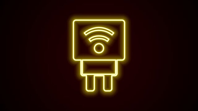 Glowing neon line Smart electric plug system icon isolated on black background. Internet of things concept with wireless connection. 4K Video motion graphic animation