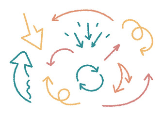 Hand drawn colored Arrows set. Doodle vector illustration. Chalk Arrows with various directions. Icons set. Graphic design elements. Isolated on white background.