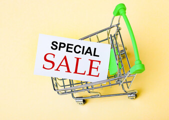 The card with the words SPECIAL SALE is in the shopping cart. Marketing concept