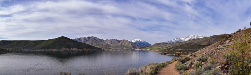 Mount Timpanogos backside view near Deer Creek Reservoir Panoramic Landscape view from Heber, Wasatch Front Rocky Mountains. Utah, United States, USA.