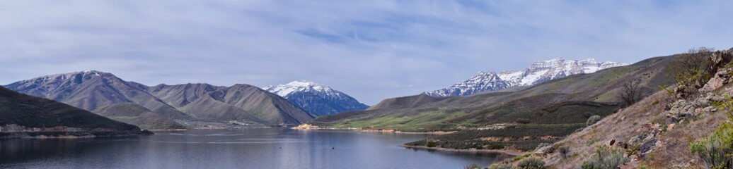 Fototapeta premium Mount Timpanogos backside view near Deer Creek Reservoir Panoramic Landscape view from Heber, Wasatch Front Rocky Mountains. Utah, United States, USA.
