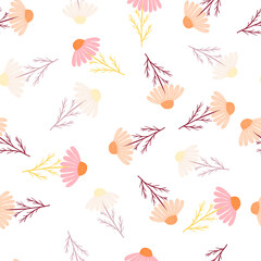 Seamless pattern with botanic camomile doodle flowers. Random pink and orange ornament. Isolated print.