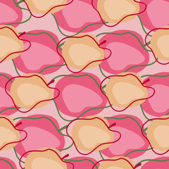 Modern seamless pattern with organic pink and beige appla shapes. Pink pastel background. Simple ornament.