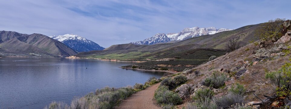 Mount Timpanogos backside view near Deer Creek Reservoir Panoramic Landscape view from Heber, Wasatch Front Rocky Mountains. Utah, United States, USA.