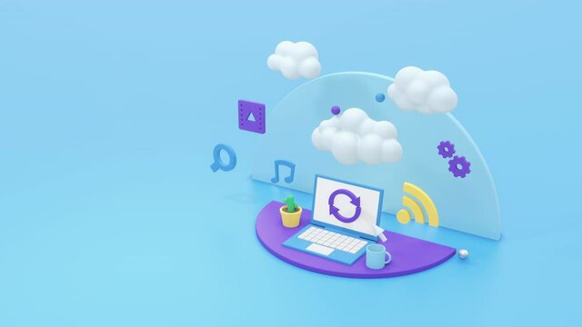 laptop computer with a cloud and icons, concept of cloud computing, copy space, seamless loop (3d render)