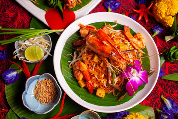 Pad Thai or Pad Thai with prawns, Thai food, top view.