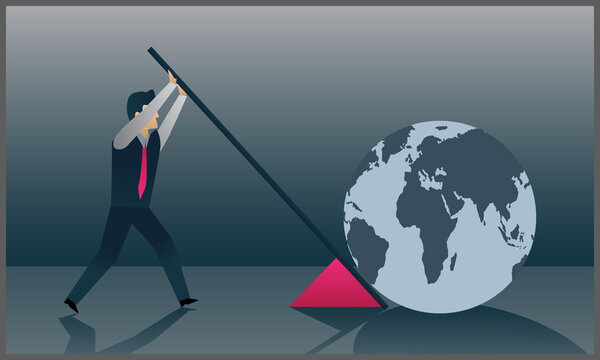 vector illustration of Businessmen use the principle of leverage to move the huge earth, smart businessmen’s knowledge changes power