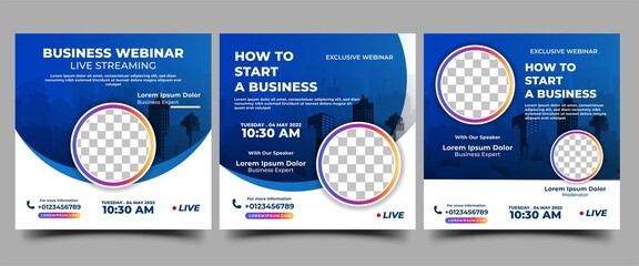 Set of Live webinar social media post template design. Modern banner template with place for the photo. Vector design isolated