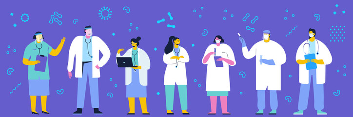 Coronavirus. Doctors team wearing Face Mask Fight Against Covid-19, Coronavirus Disease, Health Care and Safety flat vector isolated characters set