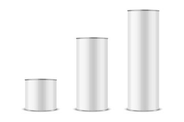 Vector 3d Realistic Blank Glossy White Metal Tin Can, Canned Food, Potato Chips Packaging Set Isolated On White Background. Small, Medium, Big Size. Design Template, Mockup. Front View