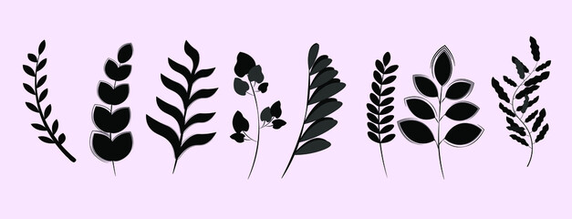 silhouettes of  plants. Seamless pattern with wild herbs and grasses.
Floral background designs. leaves and herbs vector illustration.