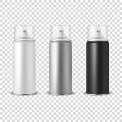 Vector 3d Realistic White, Silver, Black Aluminum Blank Spray Can, Bottle, Transparent Lid Set Isolated. Design Template, Sprayer Can, Mock up, Package, Advertising, Hairspray, Deodorant. Front View