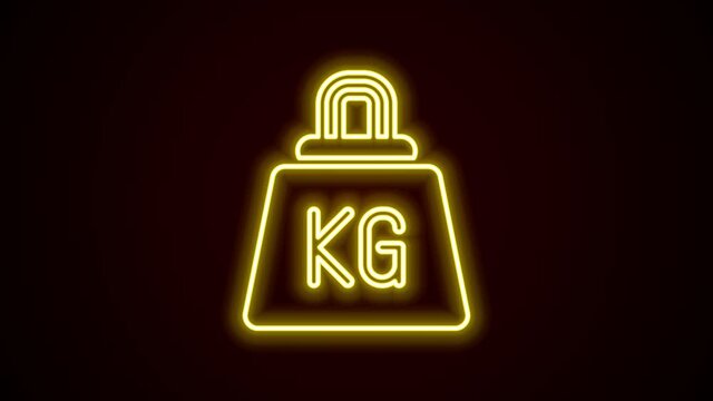 Glowing neon line Weight icon isolated on black background. Kilogram weight block for weight lifting and scale. Mass symbol. 4K Video motion graphic animation