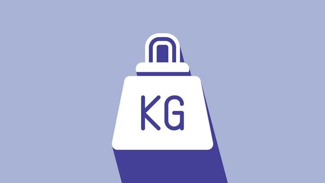 White Weight icon isolated on purple background. Kilogram weight block for weight lifting and scale. Mass symbol. 4K Video motion graphic animation