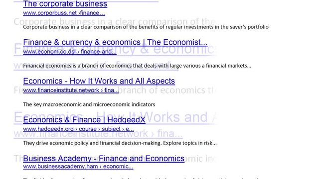 Internet search results for financial services and information with The links of imaginary no-existing websites move on display, close up.