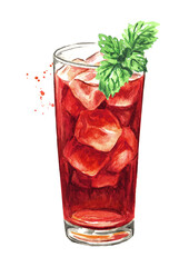 Glass of ice tea with Hibiscus and mint leaf. Watercolor hand drawn illustration isolated on white background