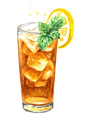 Glass of ice tea with slice of lemon and mint leaf. Watercolor hand drawn illustration isolated on white background