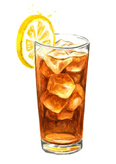 Glass of ice tea with slice of lemon. Watercolor hand drawn illustration isolated on white background