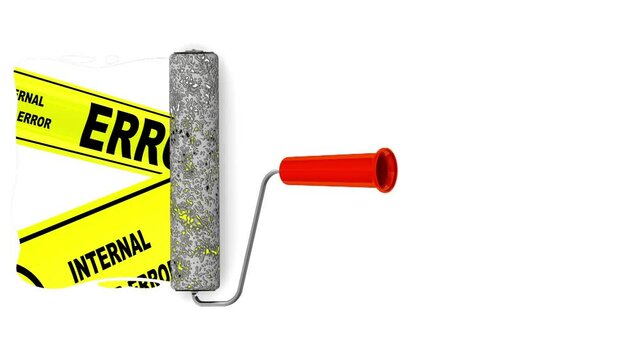 A paint roller is drawing the ERROR 500 warning tapes. One paint roller is painting the yellow warning tapes with black text: ERROR 500. Internal server error. Footage video