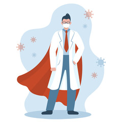 Doctor Superhero is wearing a Mask. Flat vector character illustration. Male with superhero cloak.  Hospital medical staff. Healtcare concept